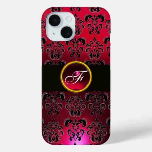 RED BURGUNDY BLACK DAMASK GEM STONE MONOGRAM iPhone 15 CASE