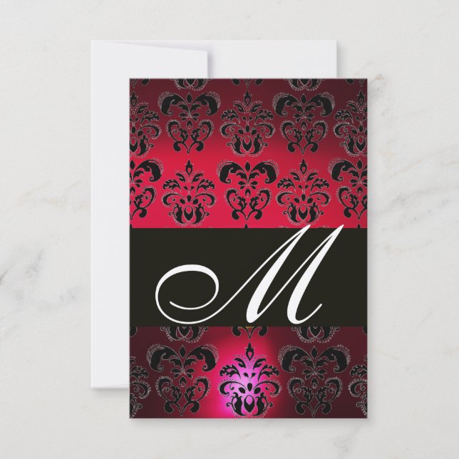 RED BURGUNDY BLACK DAMASK MONOGRAM RSVP champagne Card (Front)
