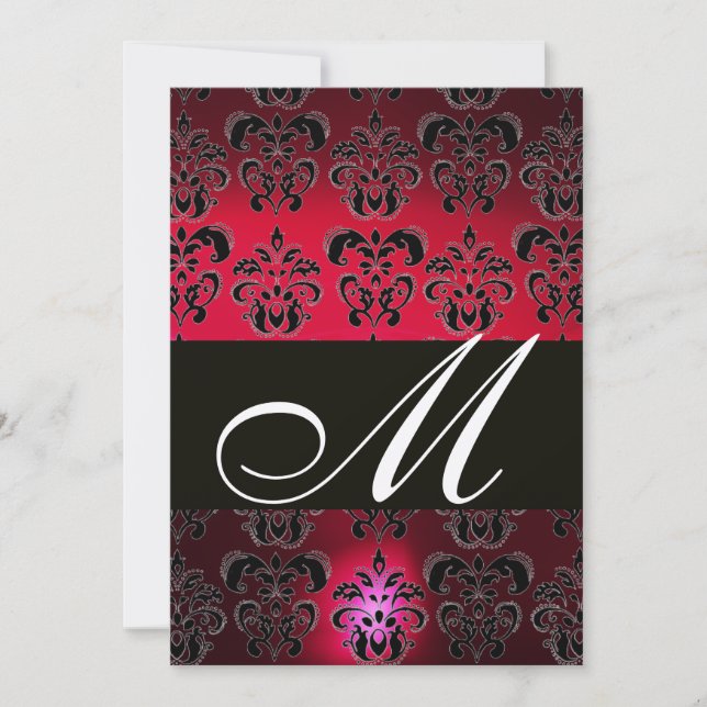RED BURGUNDY BLACK DAMASK MONOGRAM ruby champagne Invitation (Front)