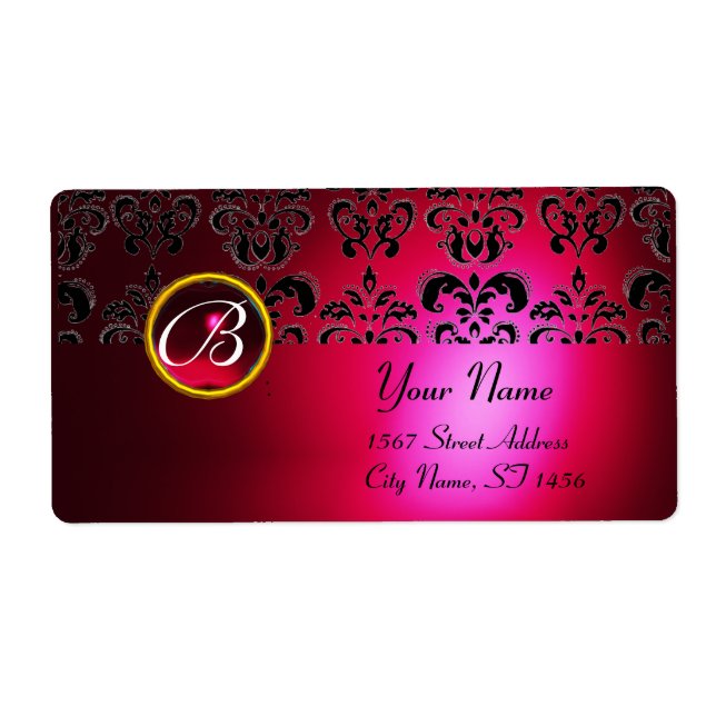 RED BURGUNDY BLACK DAMASK MONOGRAM, RUBY LABEL (Front)