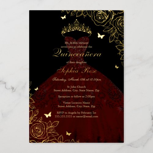 Red Burgundy Black Gold Rose Dress Quinceanera Foil Invitation