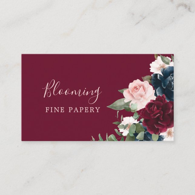 Red Burgundy & Blue Elegant Watercolor Flowers Business Card (Front)