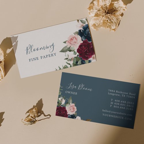 Red Burgundy  Blue Elegant Watercolor Flowers Business Card