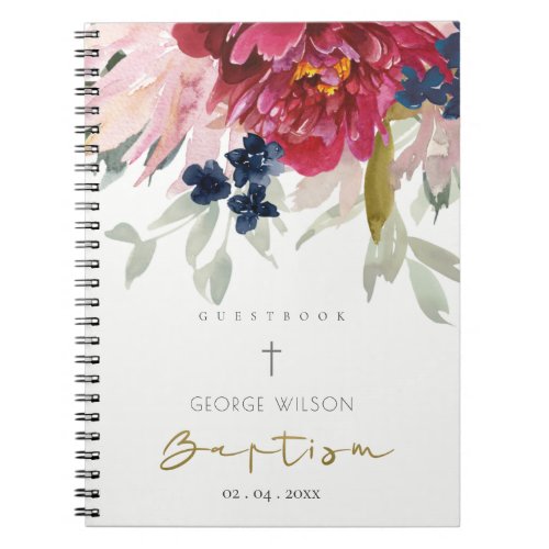 Red Burgundy Blush Blue Floral Baptism Guestbook Notebook
