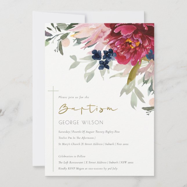 Red Burgundy Blush Blue Floral Baptism Invite (Front)