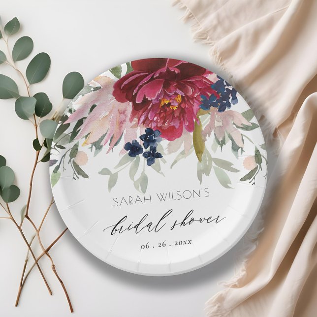Red Burgundy Blush Blue Floral Bridal Shower Paper Plates (Creator Uploaded)