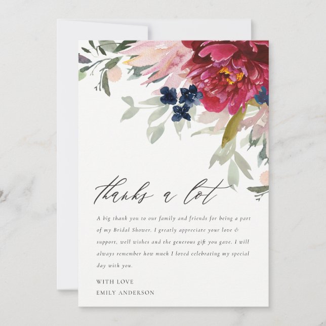 Red Burgundy Blush Blue Floral Bunch Bridal Shower Thank You Card (Front)
