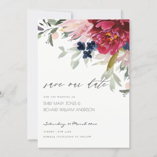 Red Burgundy Blush Blue Floral Save the Date Card