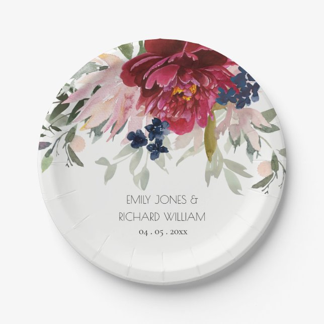 Red Burgundy Blush Blue Floral Wedding Bunch Paper Plates (Front)