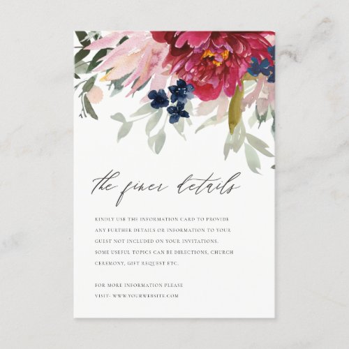 Red Burgundy Blush Blue Floral Wedding Details Enclosure Card