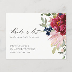 Red Burgundy Blush Blue Floral Wedding Thanks Postcard