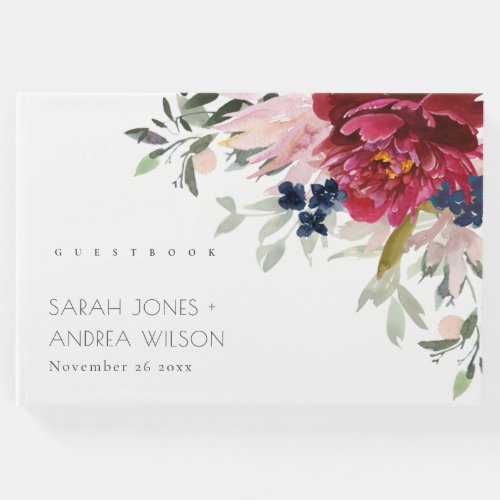 Red Burgundy Blush Blue Peony Floral Bunch Wedding Guest Book