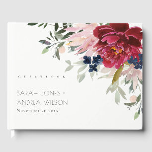 Red Burgundy Blush Blue Peony Floral Bunch Wedding Guest Book