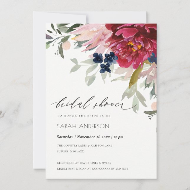 Red Burgundy Blush Floral Bridal Shower Invite (Front)