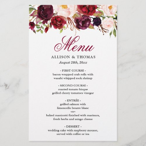 Red Burgundy Blush Floral Chic Wedding Dinner Menu