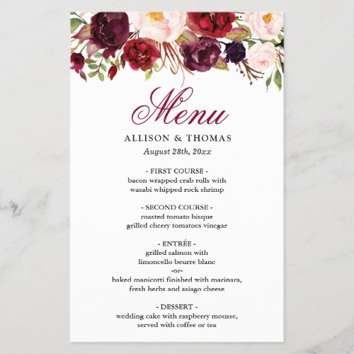 Red Burgundy Blush Floral Chic Wedding Dinner Menu - Red Burgundy Blush Floral Wedding Dinner Menu Card. For further customization, please click the "customize further" link and use our design tool to modify this template. If you need help or matching items, please contact me.