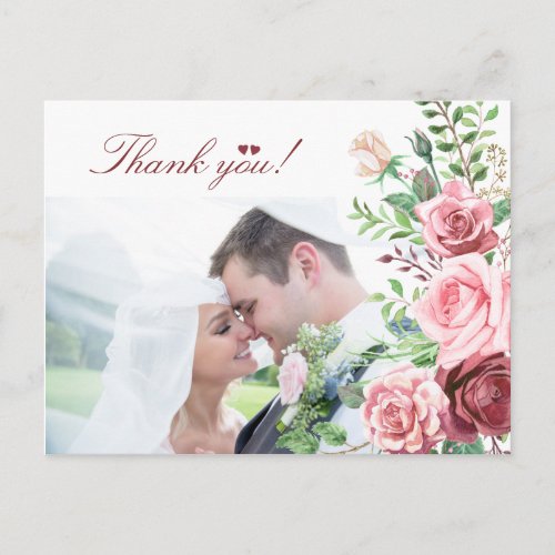 Red Burgundy Blush Pink Roses PHOTO Wedding Postcard