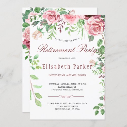 Red Burgundy Blush Pink Roses Retirement Party Invitation