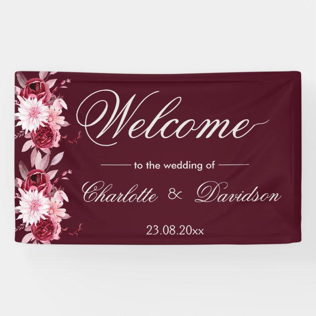 Red Burgundy Blush Pink Watercolor Welcome Wedding Banner (Horizontal)