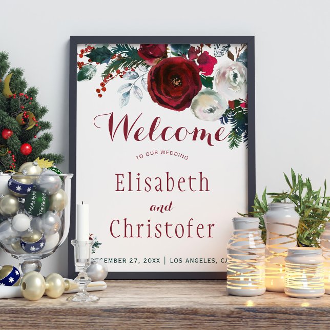 Red burgundy bouquet winter wedding welcome sign (Creator Uploaded)