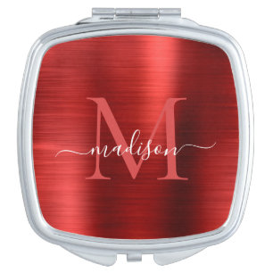 Red Burgundy Brushed Metal Monogram Girly Script Compact Mirror