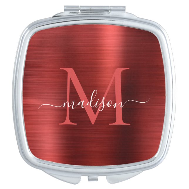 Red Burgundy Brushed Metal Monogram Girly Script Compact Mirror (Front)