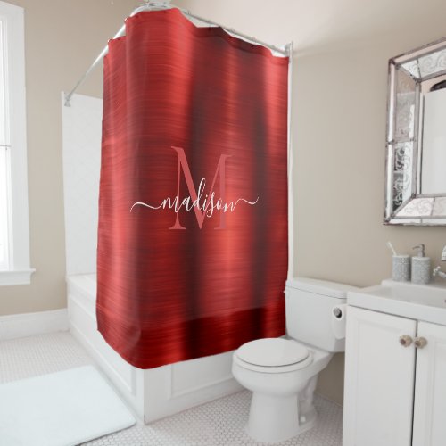 Red Burgundy Brushed Metal Monogram Girly Script Shower Curtain