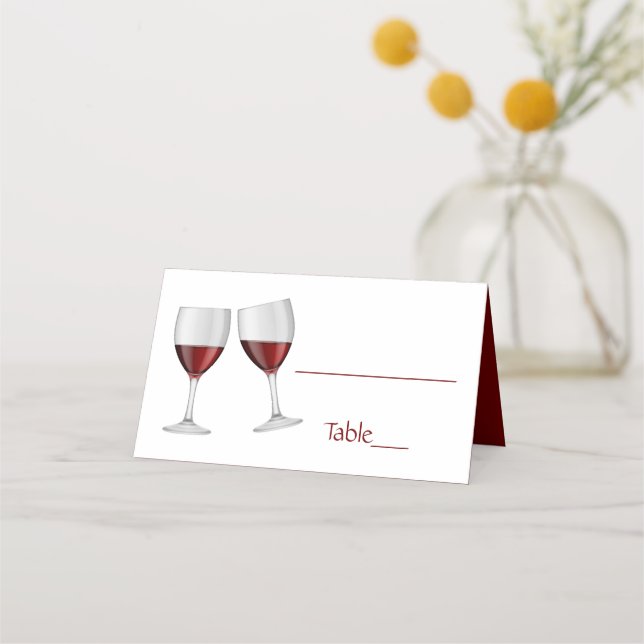 Red Burgundy Champagne  Wine Glasses Wedding Place Card (Front)