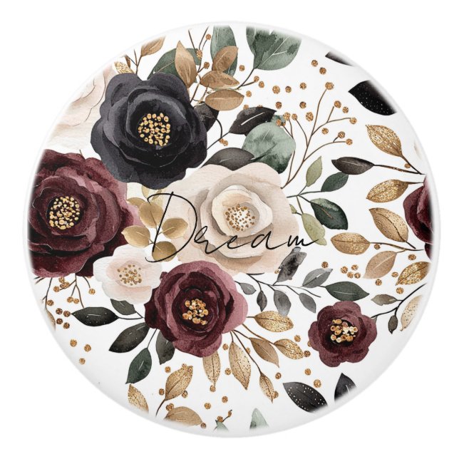 Red Burgundy Cream Black Floral Ceramic Knob (Front)