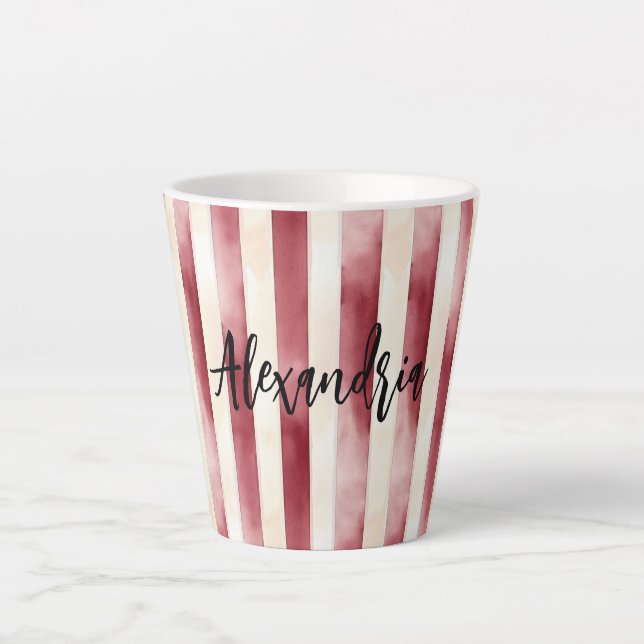 Red Burgundy Cream Stripes Christmas Latte Mug (Front)