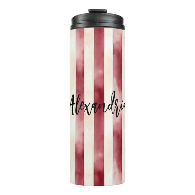 Red Burgundy Cream Stripes Christmas Thermal Tumbler (Front)