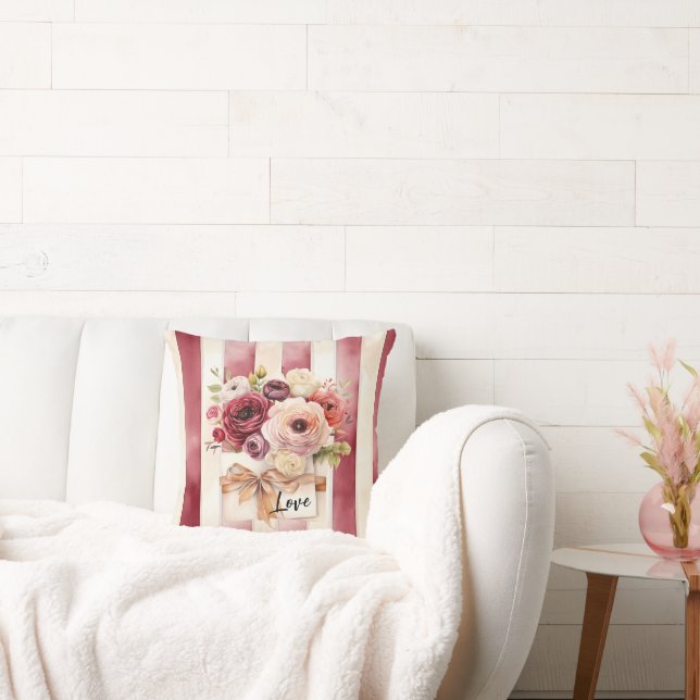 Red Burgundy Cream Stripes Floral Love Throw Pillow (Couch)