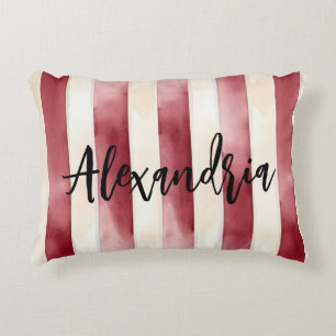 Red Burgundy Cream Stripes Flowers Leaves Accent Pillow
