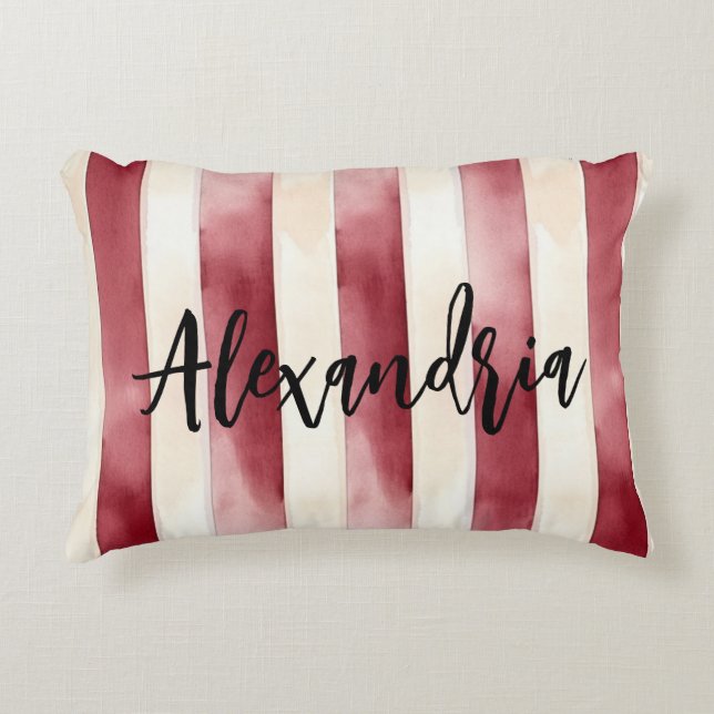 Red Burgundy Cream Stripes Flowers Leaves Accent Pillow (Front)