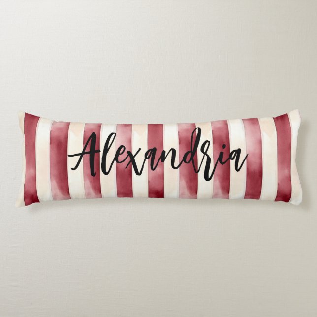 Red Burgundy Cream Stripes Flowers Leaves Body Pillow (Front)