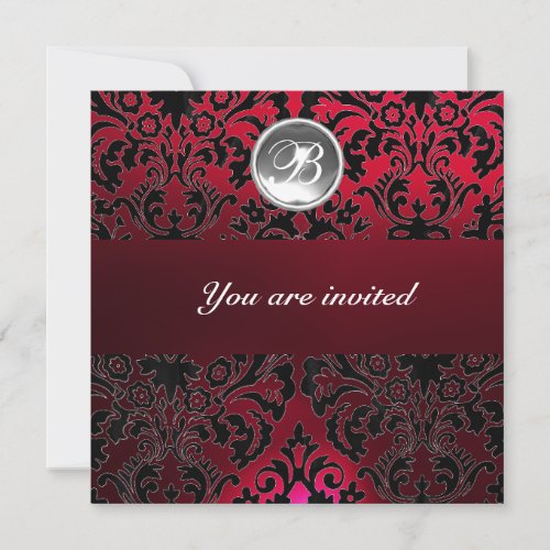 RED BURGUNDY DAMASK GEM STONE MONOGRAM ice white Invitation