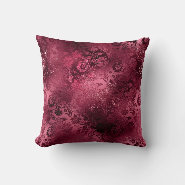 Red Burgundy Damask Ornate Throw Pillow (Front)