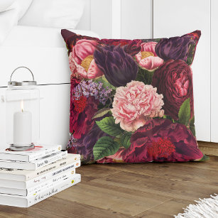Red burgundy deep purple and blush pink flowers throw pillow