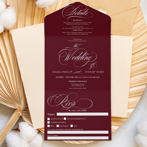 Red burgundy elegant calligraphy wedding all in one invitation