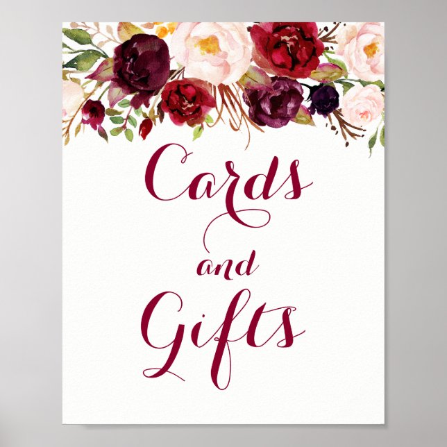 Red Burgundy Floral Cards And Gifts Wedding Poster (Front)
