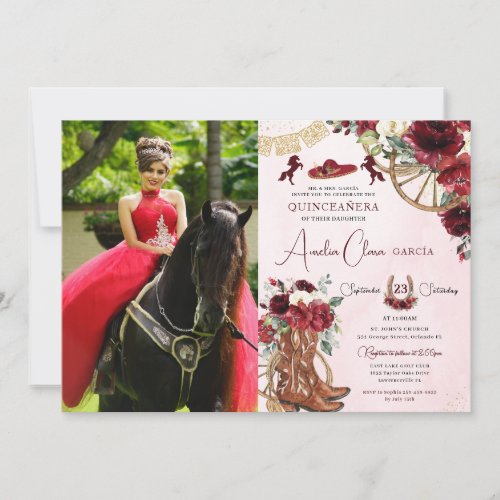 Red Burgundy Floral Charro Cowgirl Quinceanera Invitation