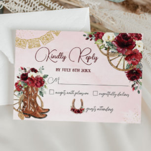 Red Burgundy Floral Charro West Quinceañera Reply RSVP Card