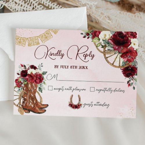 Red Burgundy Floral Charro West Quinceaera Reply RSVP Card