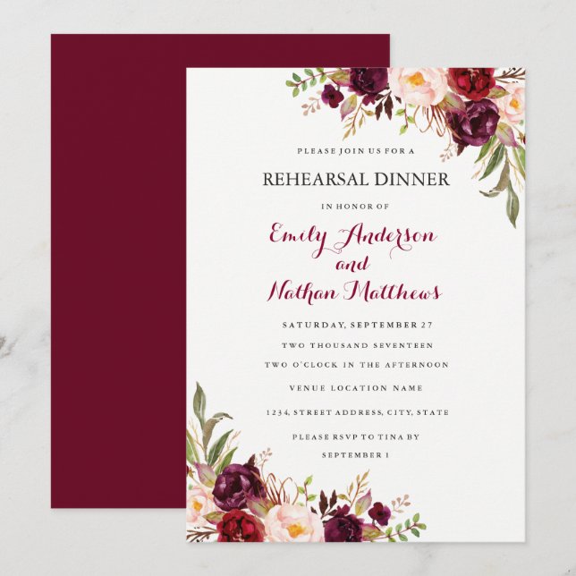 Red Burgundy Floral Fall Rehearsal Dinner Card (Front/Back)