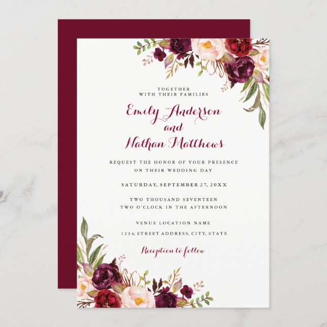 Red Burgundy Floral Fall Wedding Invitation (Front/Back)