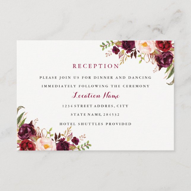 Red Burgundy Floral Fall Wedding Reception Card (Front)