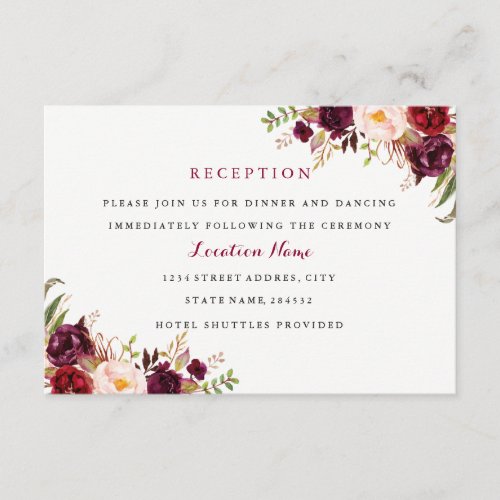 Red Burgundy Floral Fall Wedding Reception Card