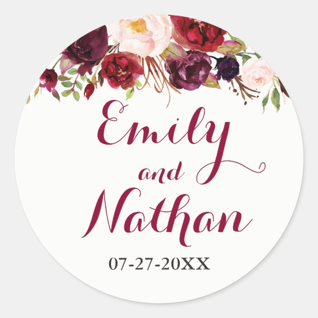 Red Burgundy Floral Fall Wedding Sticker (Front)