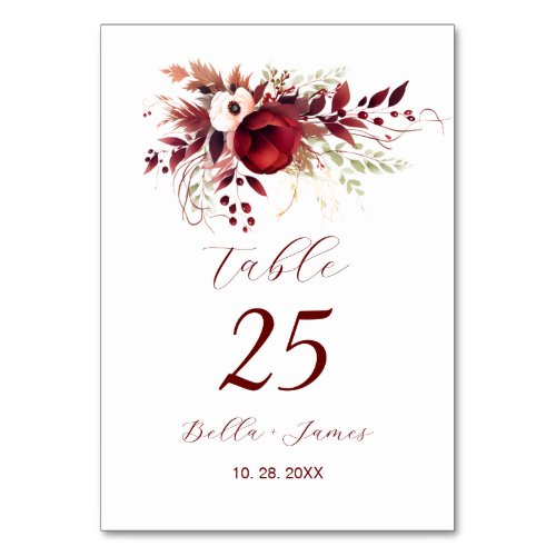 Red Burgundy Floral Foliage Table Number