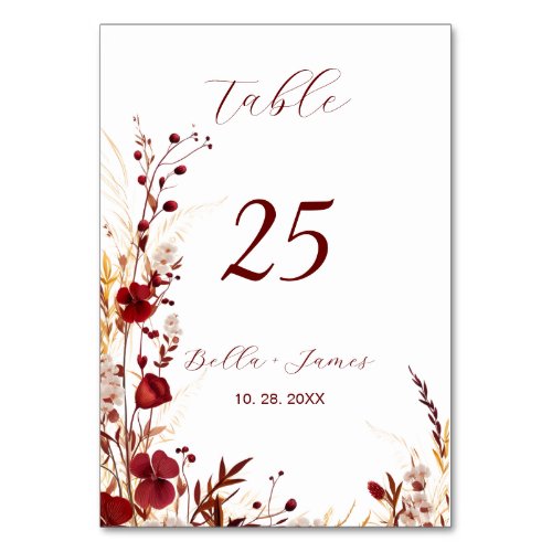 Red Burgundy Floral Foliage Table Number